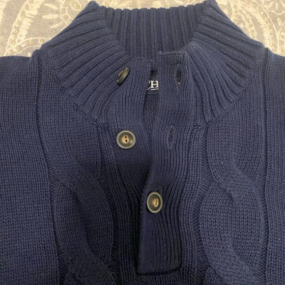 Chaps Preppy 3 Button Mock Neck Navy Heavy Cable Knit Cotton Sweater Size XL - Picture 3 of 8